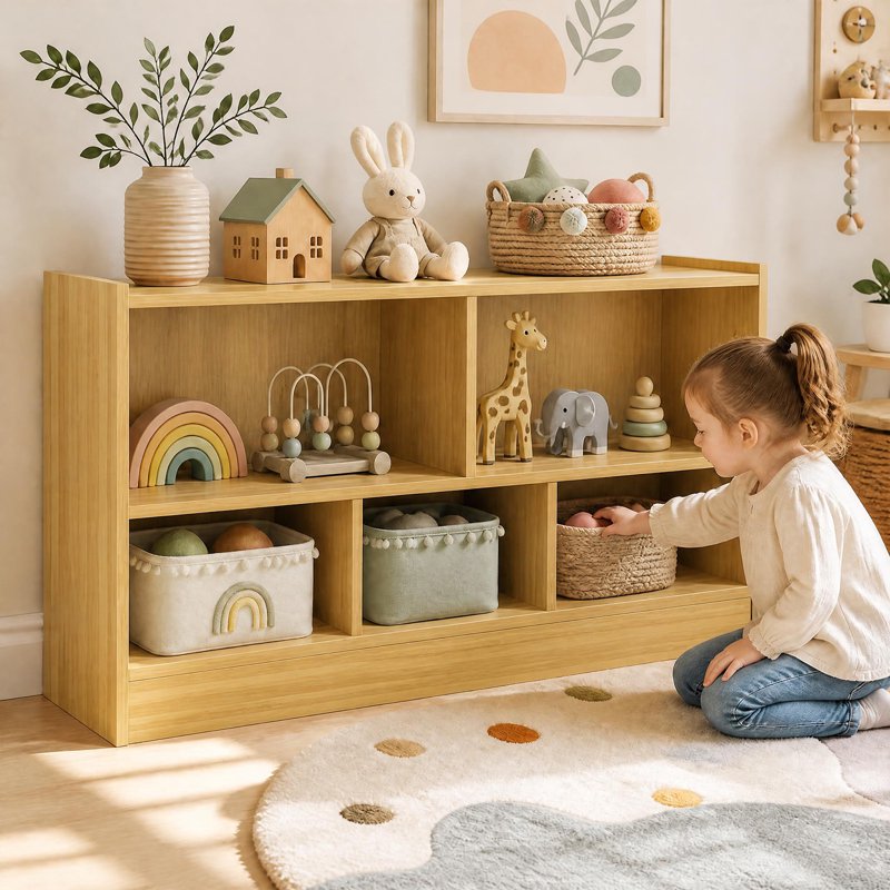 Kids 2-Shelf Toy Storage Bookcase with Cubes - Wooden Organizer for Children's Room