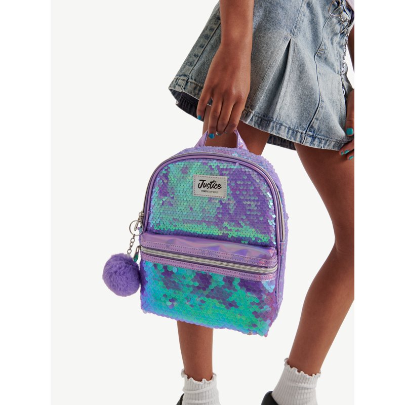Girls Mini Backpack with Sequin and Pom-Pom Details, Adjustable Straps - Multiple Colors
