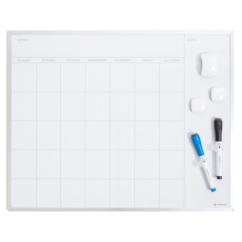Magnetic Monthly Calendar Dry Erase Board 16x20 Inch with Silver Frame