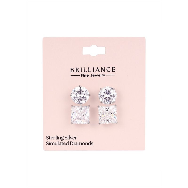 Sterling Silver Simulated Diamond Earring Set - Round & Square Studs, 10mm