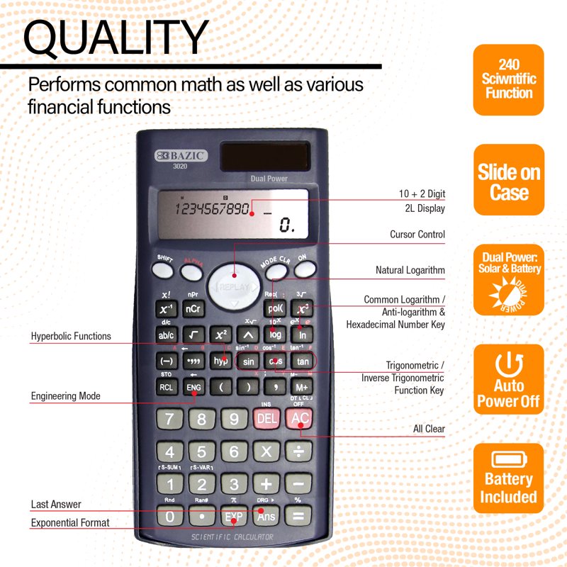 Scientific Calculator with Slide-On Case - 240 Functions, Multiple Sizes