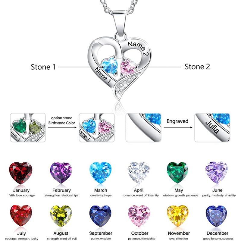 Personalized Heart Necklace with Iridescent Stone & Custom Name Pendant - Gold, Silver, Rose Gold