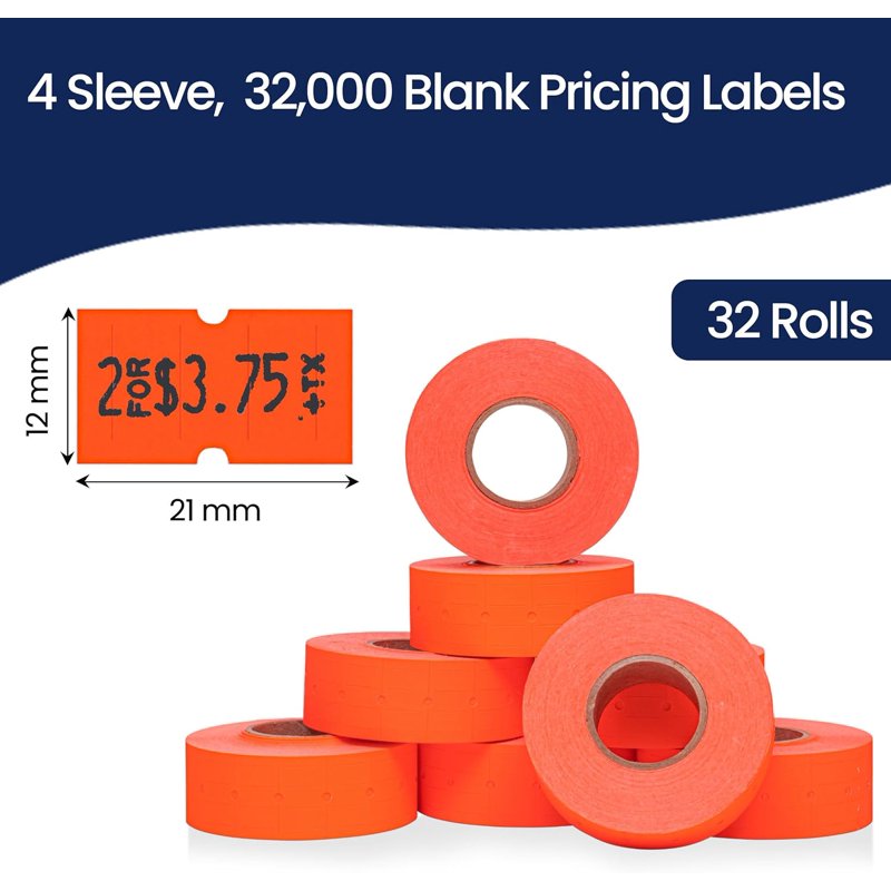 Fluorescent Red Labels for Price Guns - 32,000 Labels in 4 Rolls, USA Made
