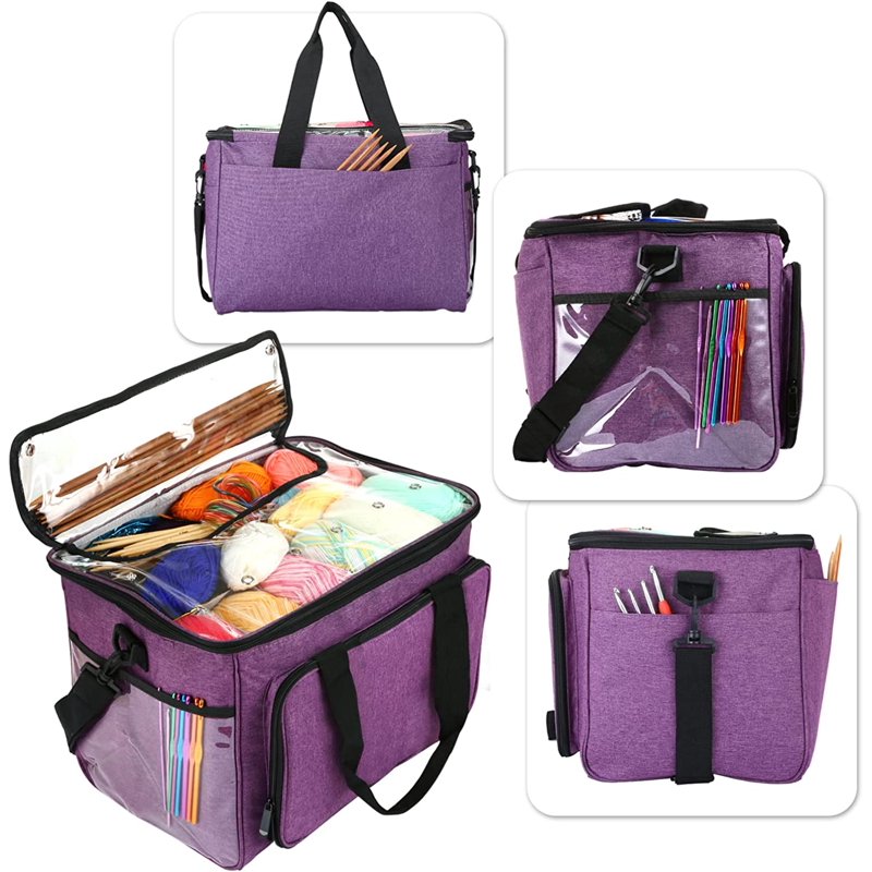 Large Capacity Knitting & Yarn Storage Bag with Pockets - Purple
