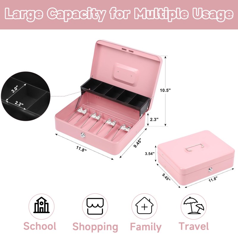 Heavy-Duty Cash Box with Lock & Money Tray - Secure Coin & Bill Storage