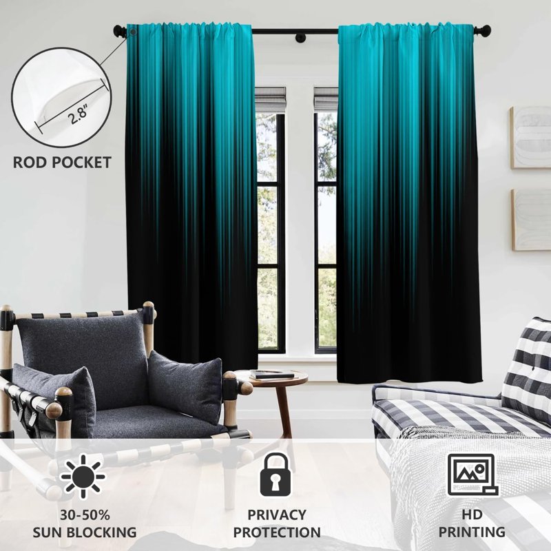 Gothic Ombre Teal Window Curtains - Modern Dark Aqua Blue Drape Pair, 42x63 Inches