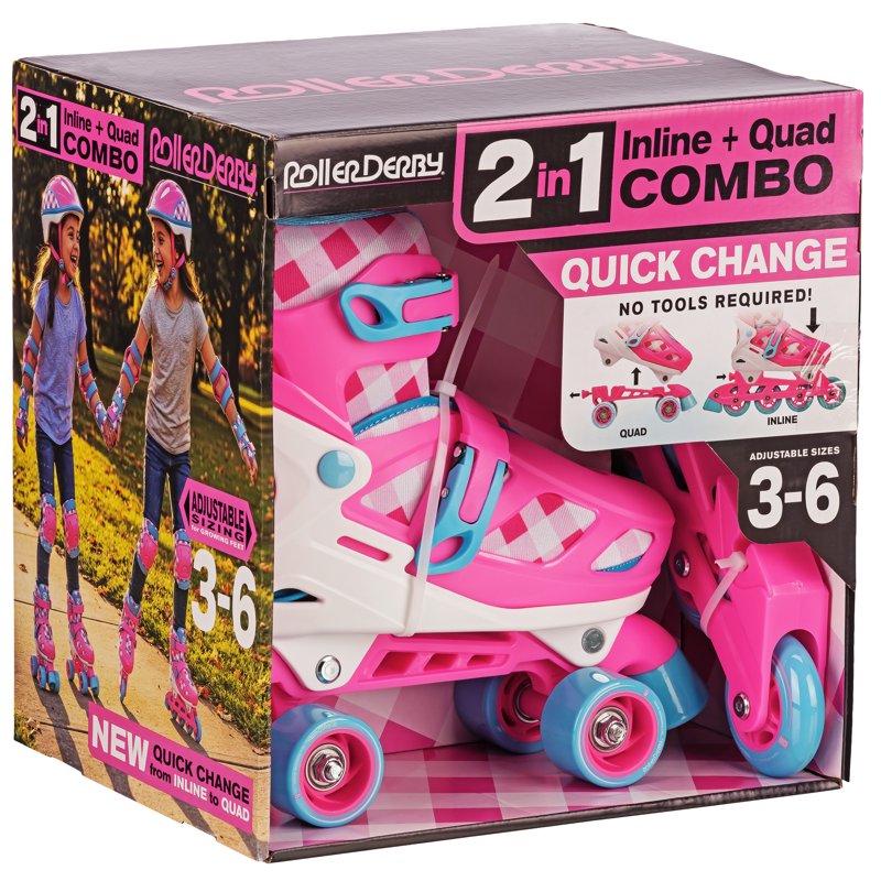 2-in-1 Roller & Inline Skates for Girls - Adjustable Sizes, Gingham