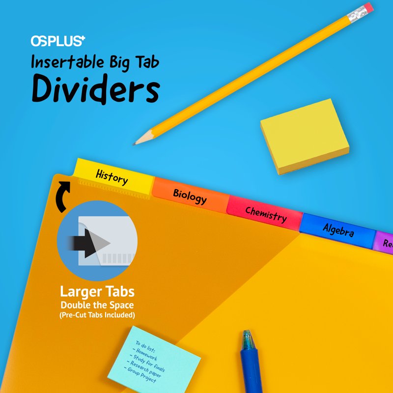 Plastic Binder Dividers with 2 Pockets & Big Insert Tabs - Letter Size, Durable Set