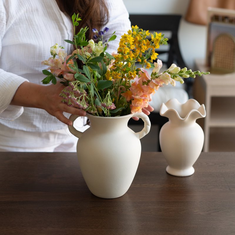 Ceramic Tabletop Vase with Ruffle Edge - Off-White Home Decor Accent