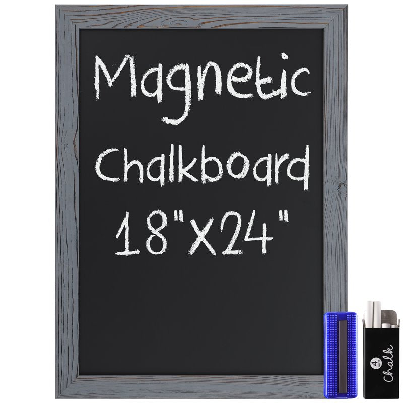 Magnetic Wall Chalkboard 18x24 Inches - Rustic Grey Frame for Kitchen & Events