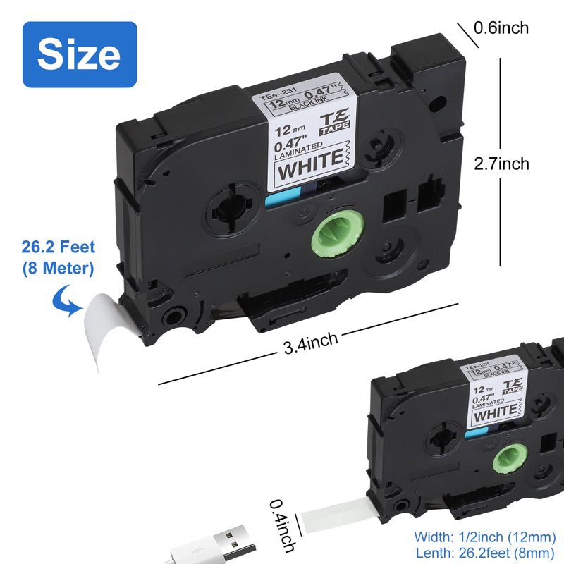 Label Tape Replacement 12mm Laminated Waterproof for Brother TZe-231