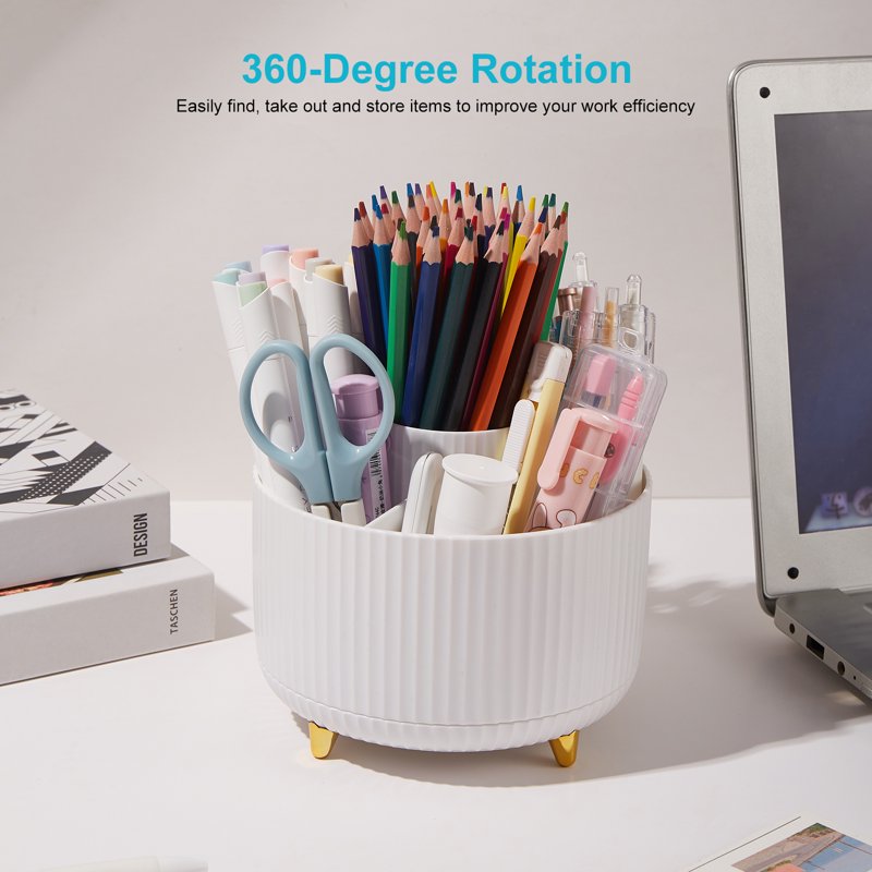 Rotating Desk Pencil Organizer with 5 Compartments - White