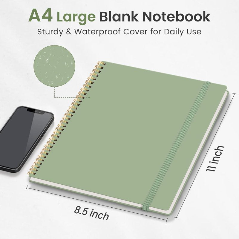 Large A4 Spiral Blank Notebook for Sketching & Journaling - 8.5x11 Inches, Green
