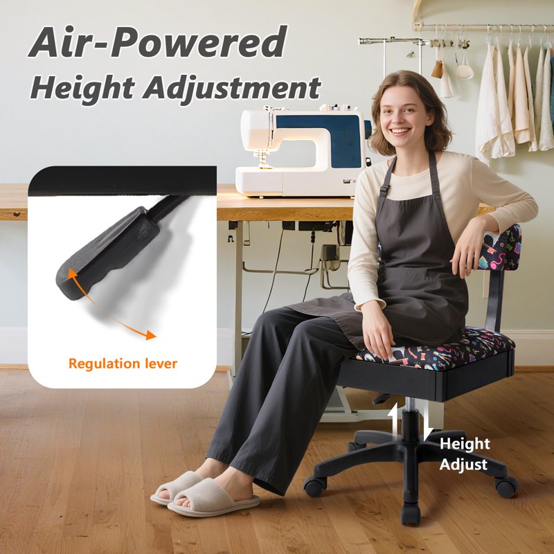Adjustable Height Sewing Chair with Wheels & Under Seat Storage - Craft Room Furniture