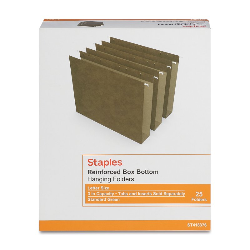 Staples Letter-Size 3-Inch Box-Bottom Hanging File Folders - Green, 25 Pack