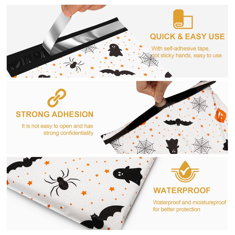 Halloween Poly Mailers 10x13 Inches - Waterproof Self-Seal Shipping Bags - 100 Pack