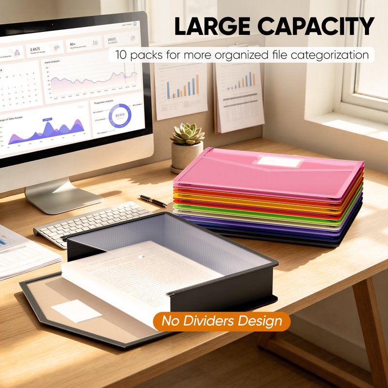 10 Pack Plastic Expanding File Folders with Snap Closure - A4 & Letter Size Organizer