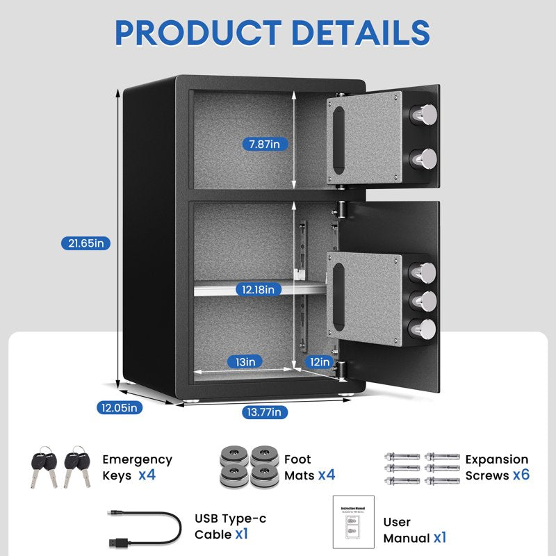 Digital Money Safe Box with Double Door & Adjustable Shelves, Home Security Safe