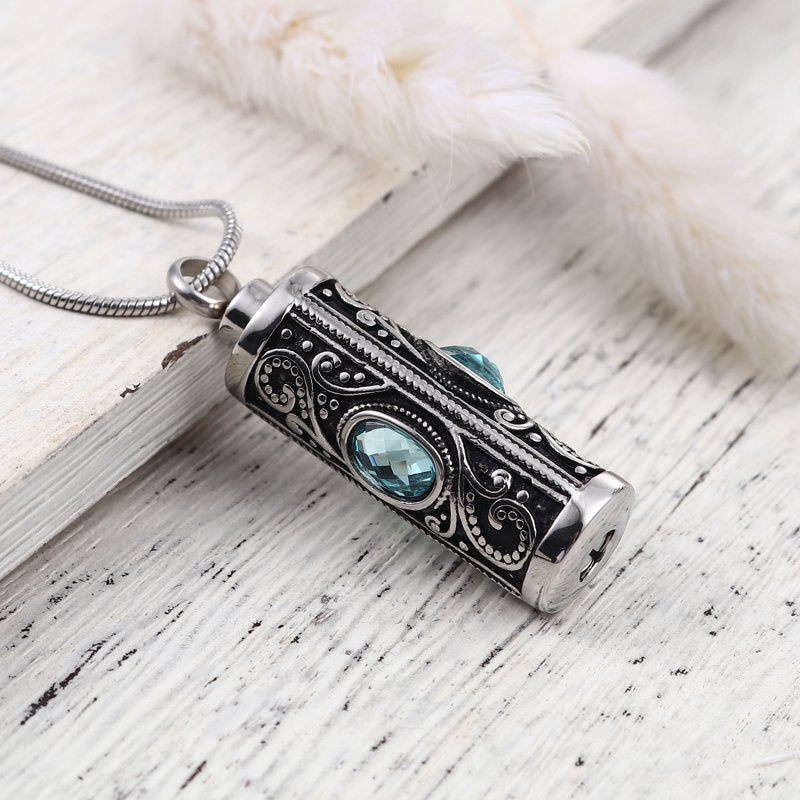 Stainless Steel Cremation Necklace with Rhinestones - Keepsake Pendant for Ashes, Purple & Blue Variants