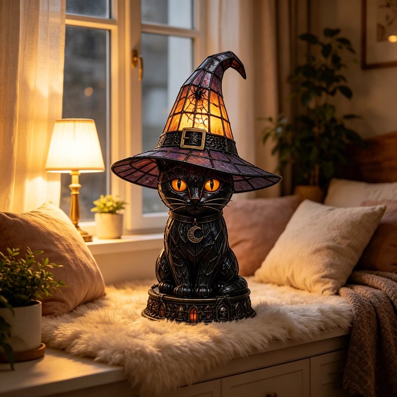Halloween Witch Cat Lamp 3D Resin Night Light Gothic Decor for Home & Party