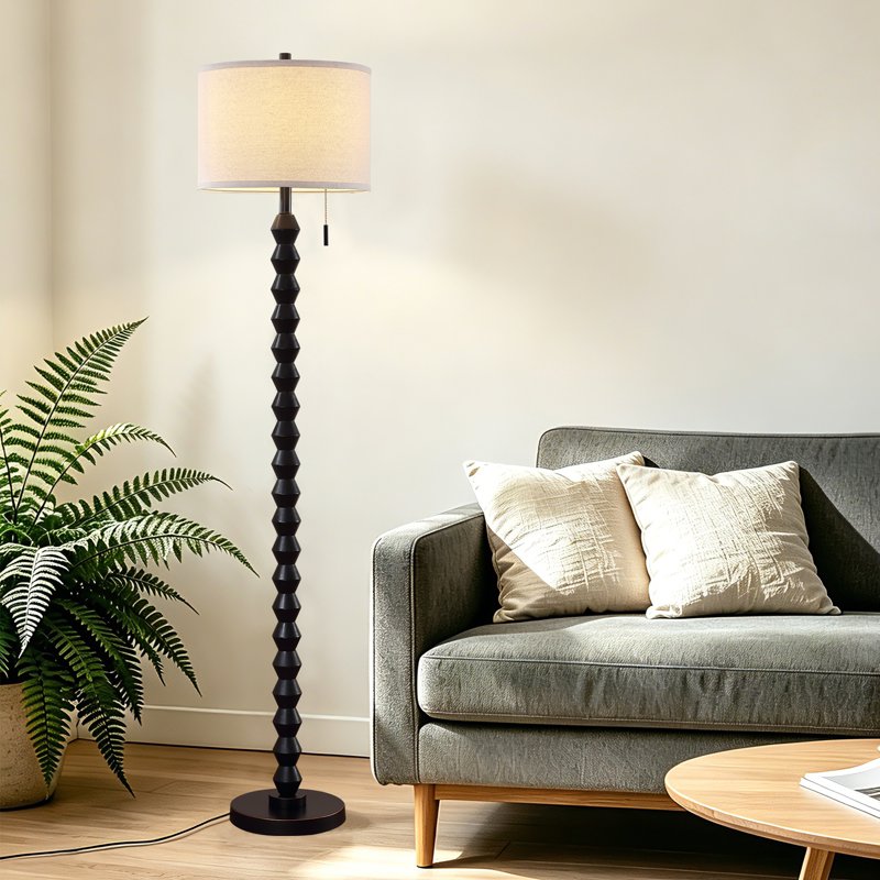 Modern 65-Inch Solid Wood Floor Lamp with Linen Shade & Pull Switch - Black, White, Walnut Variants