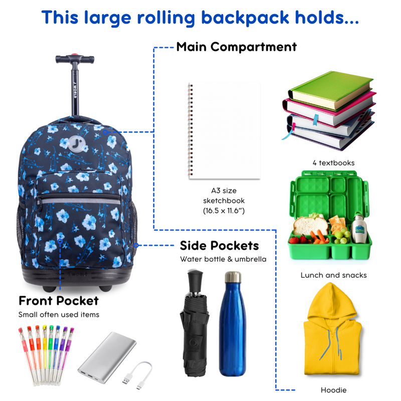 Girls 18-Inch Rolling Backpack for School and Travel - Night Bloom