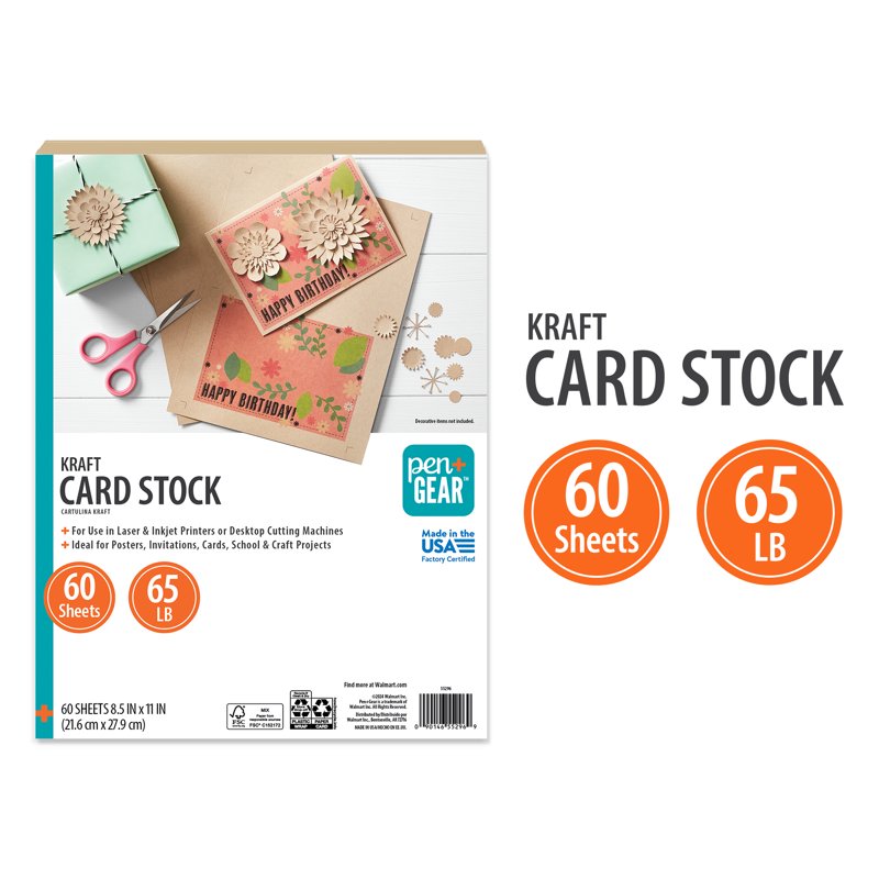 Kraft Card Stock Paper - 8.5 x 11 in, 65 lb, 60 Sheets, Multiple Pack Sizes