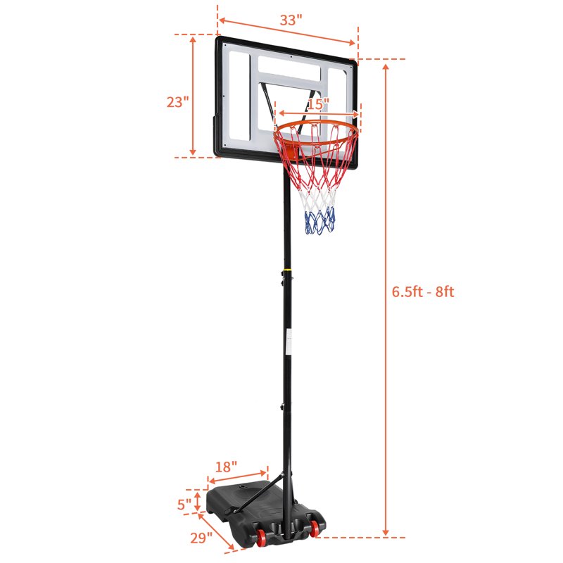Portable Basketball Hoop System with Adjustable Height 6.5-8 ft and PVC Backboard