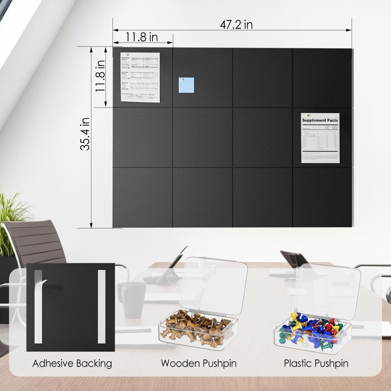 Large Cork Wall Tiles 12-Pack – Felt Bulletin Boards for Office & Home Decor