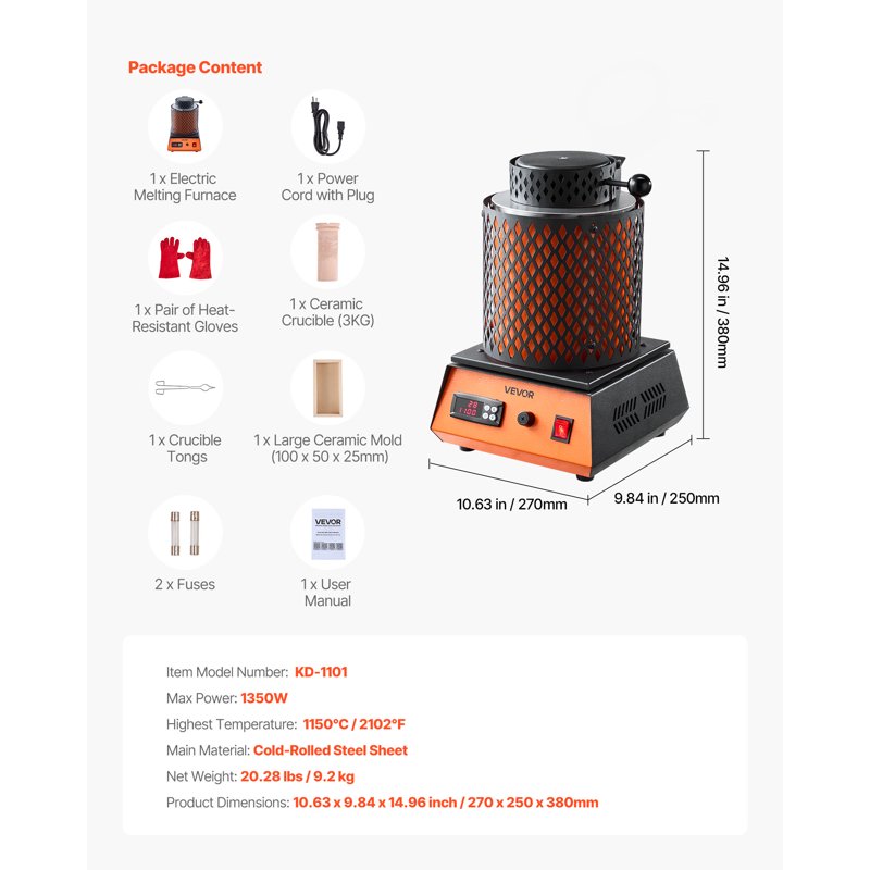Electric Melting Furnace 1350W Metal Smelter with 3kg Ceramic Crucible for Jewelry & Metalwork