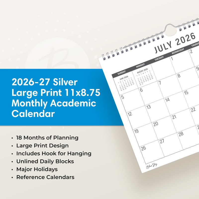 Large Print Academic Year Wall Calendar 2026-2027, 11 x 8.75 Inch, Durable Twin Wire Binding