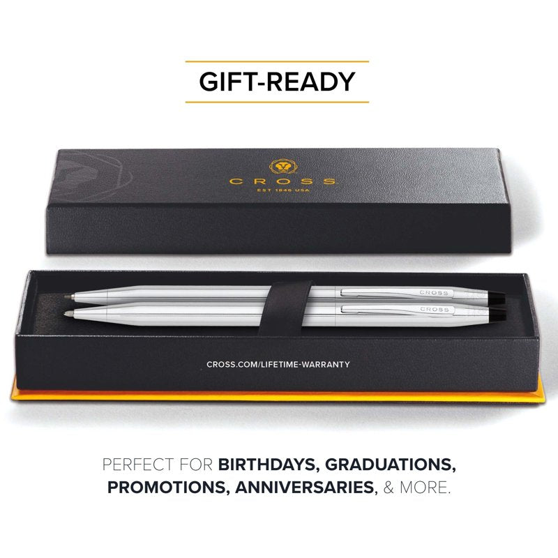 Refillable Ballpoint Pen and 0.7mm Pencil Set - Chrome Finish, Gift Box Included