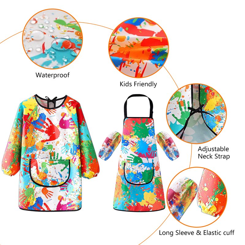 Kids Waterproof Art Smock & Apron Set with Adjustable Straps - Toddler & Child Painting & Cooking Apron