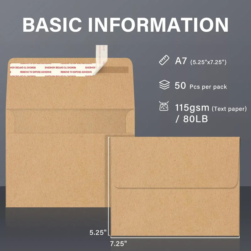 Brown Kraft Envelopes 5.25x7.25 Inches Self Seal Invitation Pack of 50