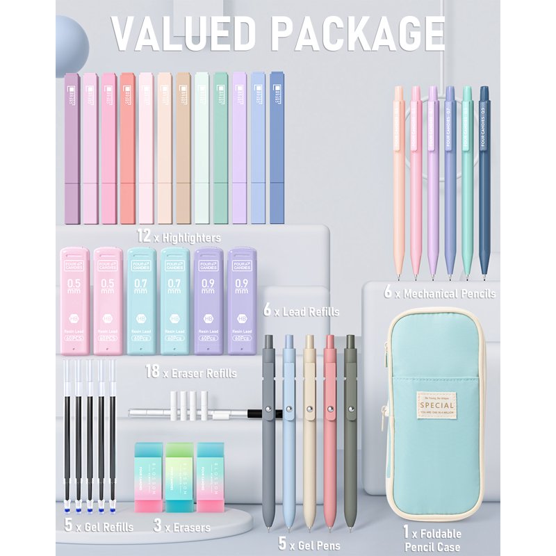 Blue Four Candies 39-Piece Aesthetic School Supplies Set with Pen Case, 12 Highlighters, 6 Mechanical Pencils, 5 Gel Pens