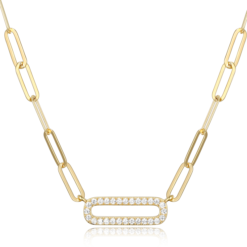 Cubic Zirconia Paperclip Necklace 18" in 18K Gold Over Sterling Silver for Women