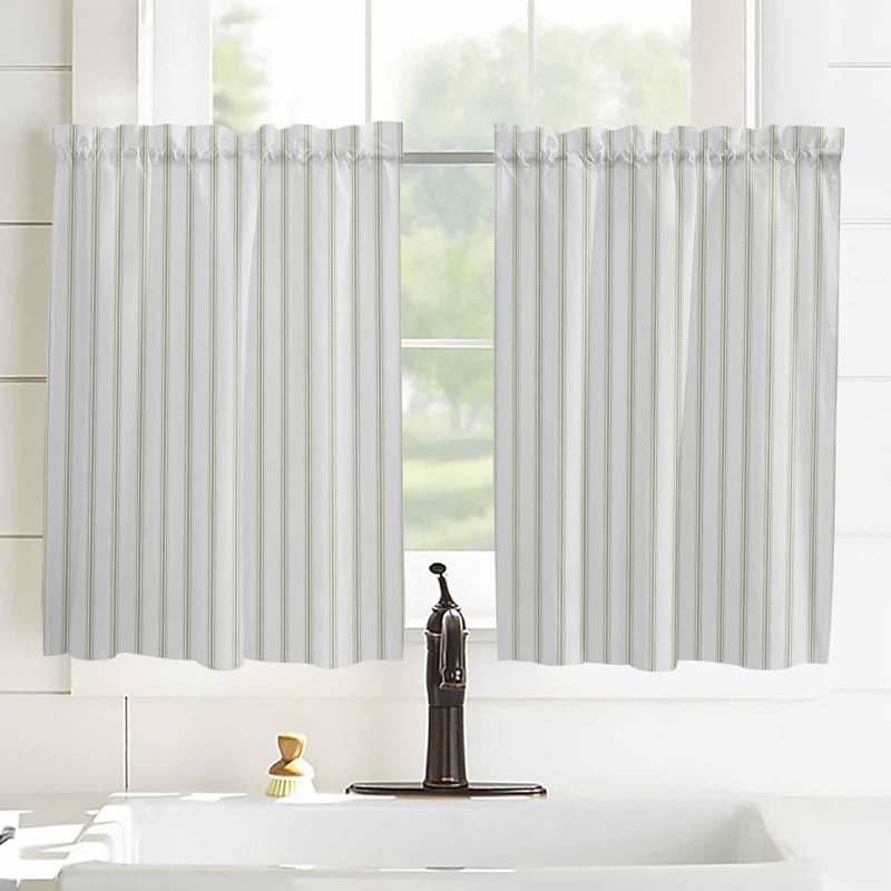 Sage Green Striped Window Curtain Set - Farmhouse Style, 2 Panels, Multiple Sizes