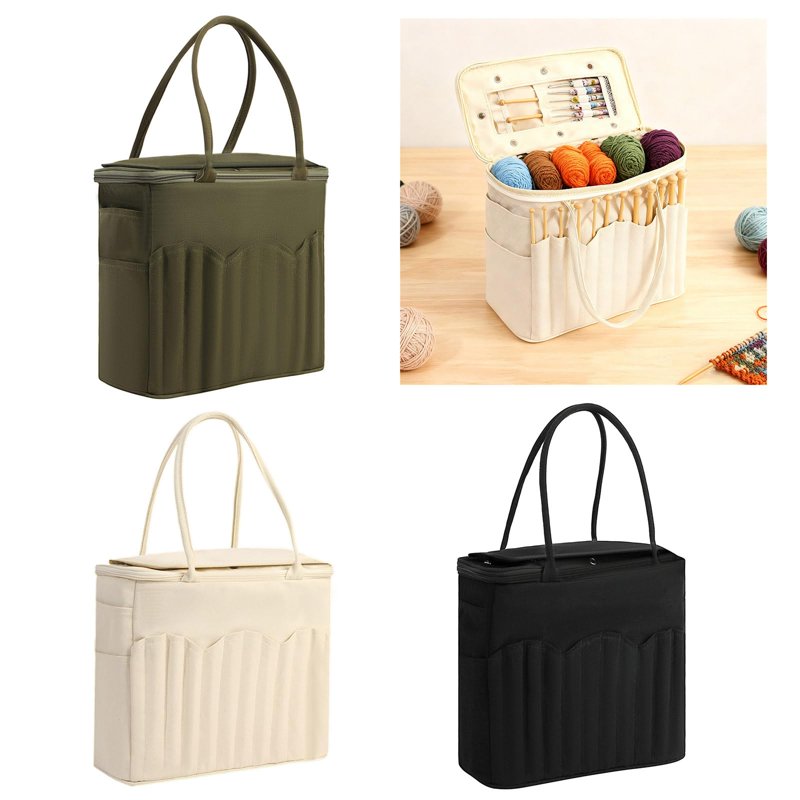 Large Capacity Canvas Yarn Organizer Tote Bag with Multi-Pockets for Knitting & Crochet