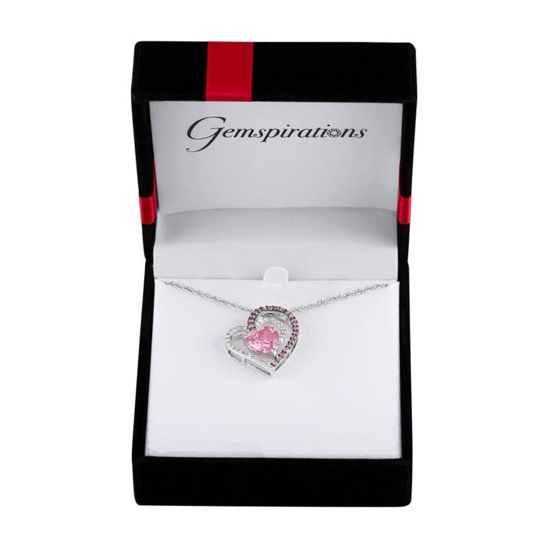 Sterling Silver Heart Pendant Necklace with Pink Sapphire and CZ
