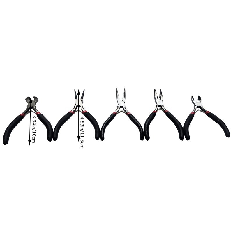 Jewelry Pliers Set 5 Pieces - Round Nose, Long Nose, Bent Nose, Cutters for Beading & Wire Work