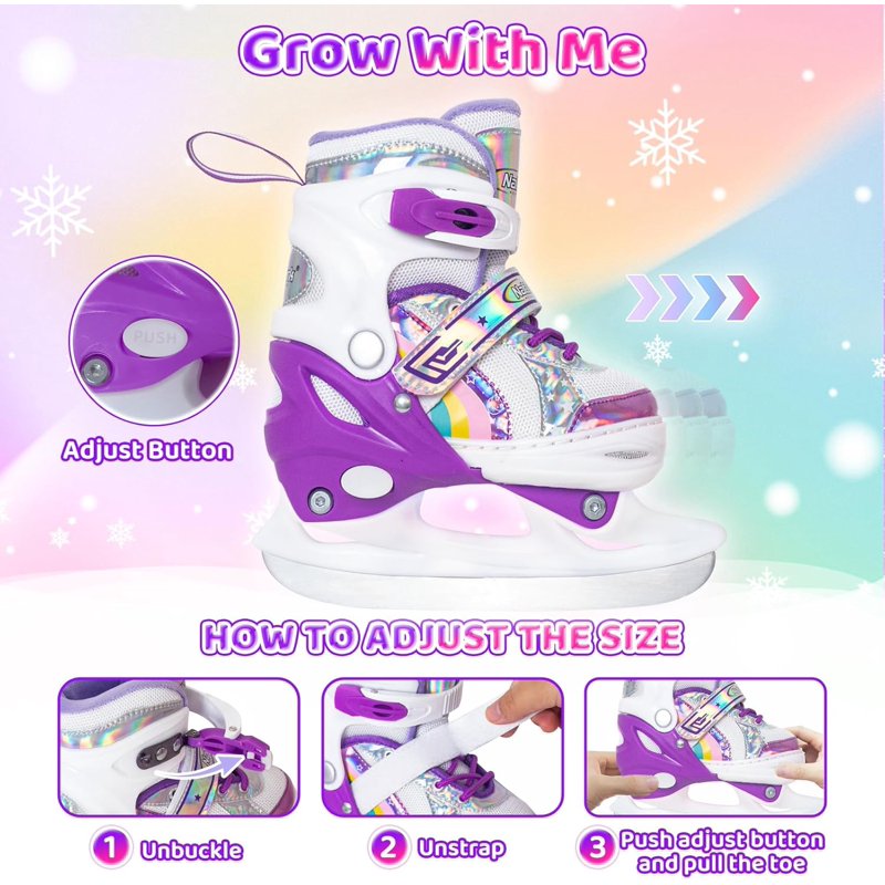 Adjustable Kids Ice Skates for Girls with Fleece Lining and Rainbow Design