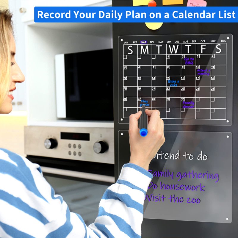 Magnetic Acrylic Dry Erase Calendar for Refrigerator - 16x12, Includes Markers