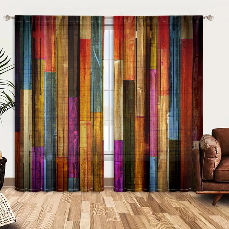 Colorful Wooden Plank Pattern Polyester Curtains Set of 2 for Bedroom & Living Room