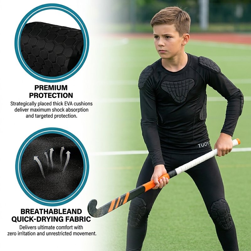 Kids Youth Padded Compression Shirt - Impact-Absorbing Long Sleeve Protective Top