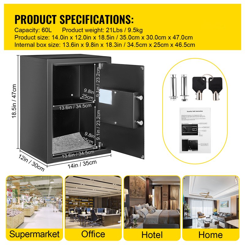 60L Digital Safe with Fingerprint & Key Lock, Fireproof Steel Security Box