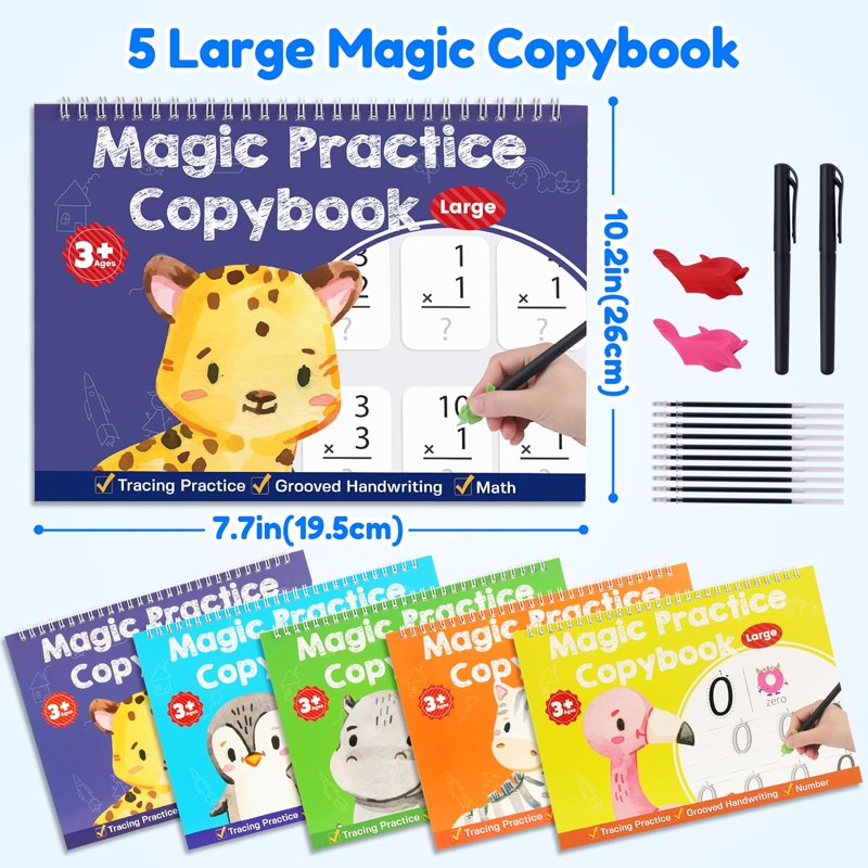 Large Reusable Handwriting Practice Books for Kids Age 3-8 with Magic Ink Set