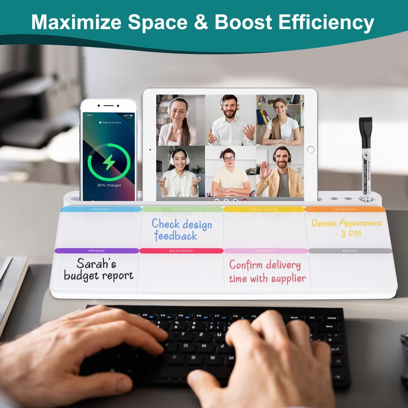 Glass Desktop Whiteboard with Storage - Weekly Calendar & Office Organizer