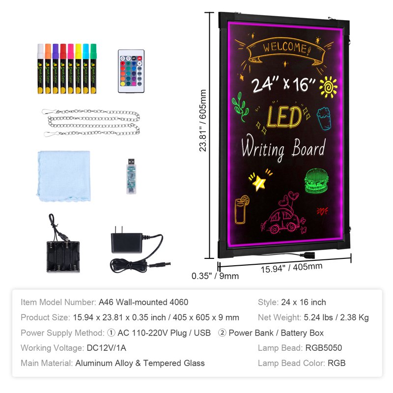 LED Message Board 24x16 Inch Illuminated Chalkboard with Markers & Remote