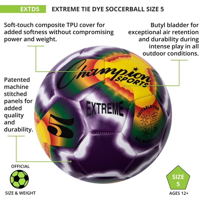 Champion Sports Extreme Stitched Soccer Ball – Size 5, Tie-Dye
