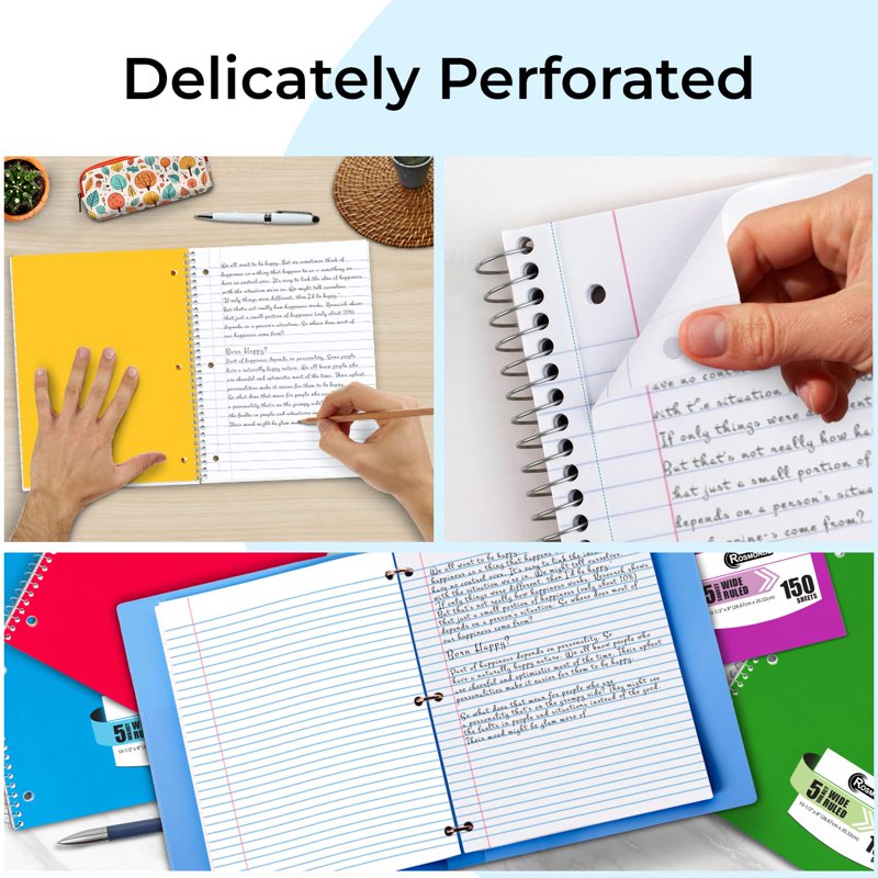 12 Pack Wide Ruled Spiral Notebooks 5-Subject, 300 Pages, Soft Cover, Assorted Colors